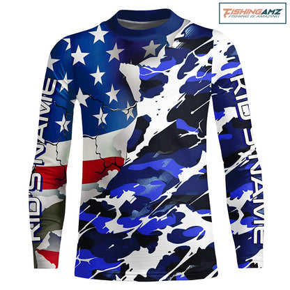 Custom American Flag Blue Camo Long Sleeve Shirts, Patriotic Performance Fishing Shirts IPHW6535
