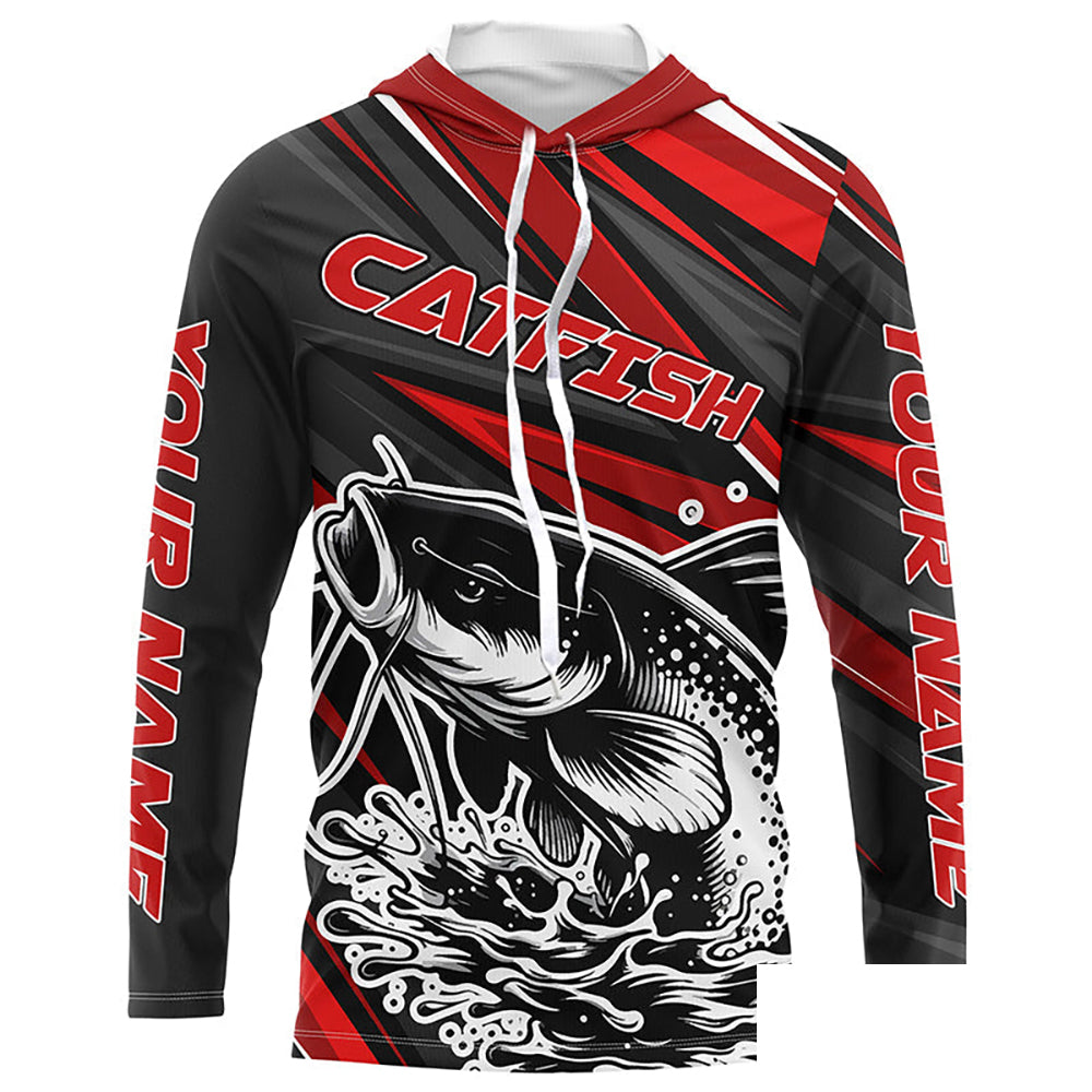 Black And Red Catfish Fishing Jerseys, Custom Catfish Fishing Long Sleeve Fishing Shirts IPHW7021