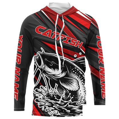 Black And Red Catfish Fishing Jerseys, Custom Catfish Fishing Long Sleeve Fishing Shirts IPHW7021