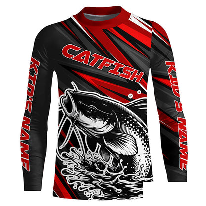 Black And Red Catfish Fishing Jerseys, Custom Catfish Fishing Long Sleeve Fishing Shirts IPHW7021