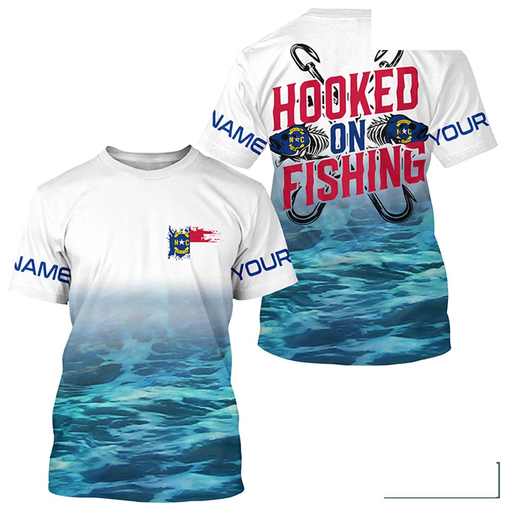Personalized North Carolina Flag Long Sleeve Fishing Shirts, Hooked On Fishing Nc Fishing Shirt IPHW7033