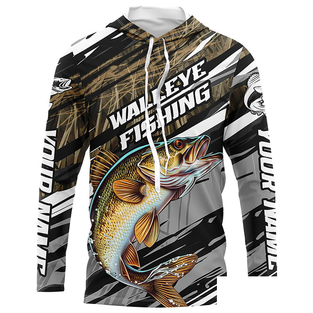 Walleye Fishing Camo Long Sleeve Fishing Shirts, Custom Walleye Tournament Fishing Jerseys IPHW5947
