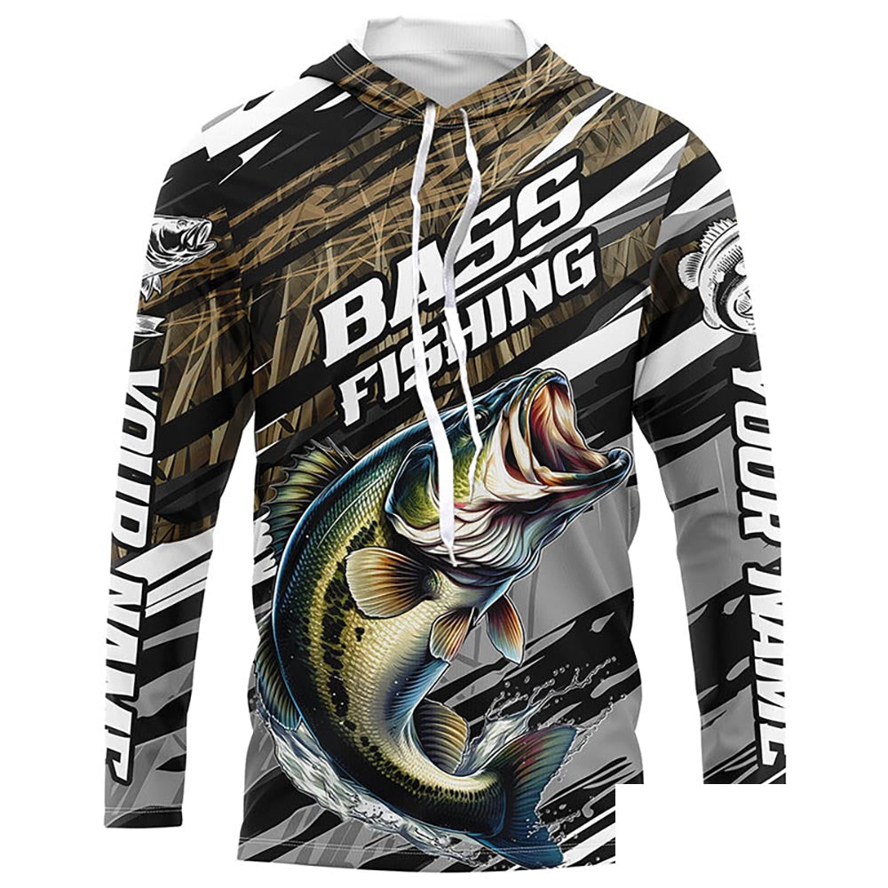 Bass Fishing Camo Long Sleeve Fishing Shirts, Custom Largemouth Bass Tournament Fishing Jerseys IPHW5948