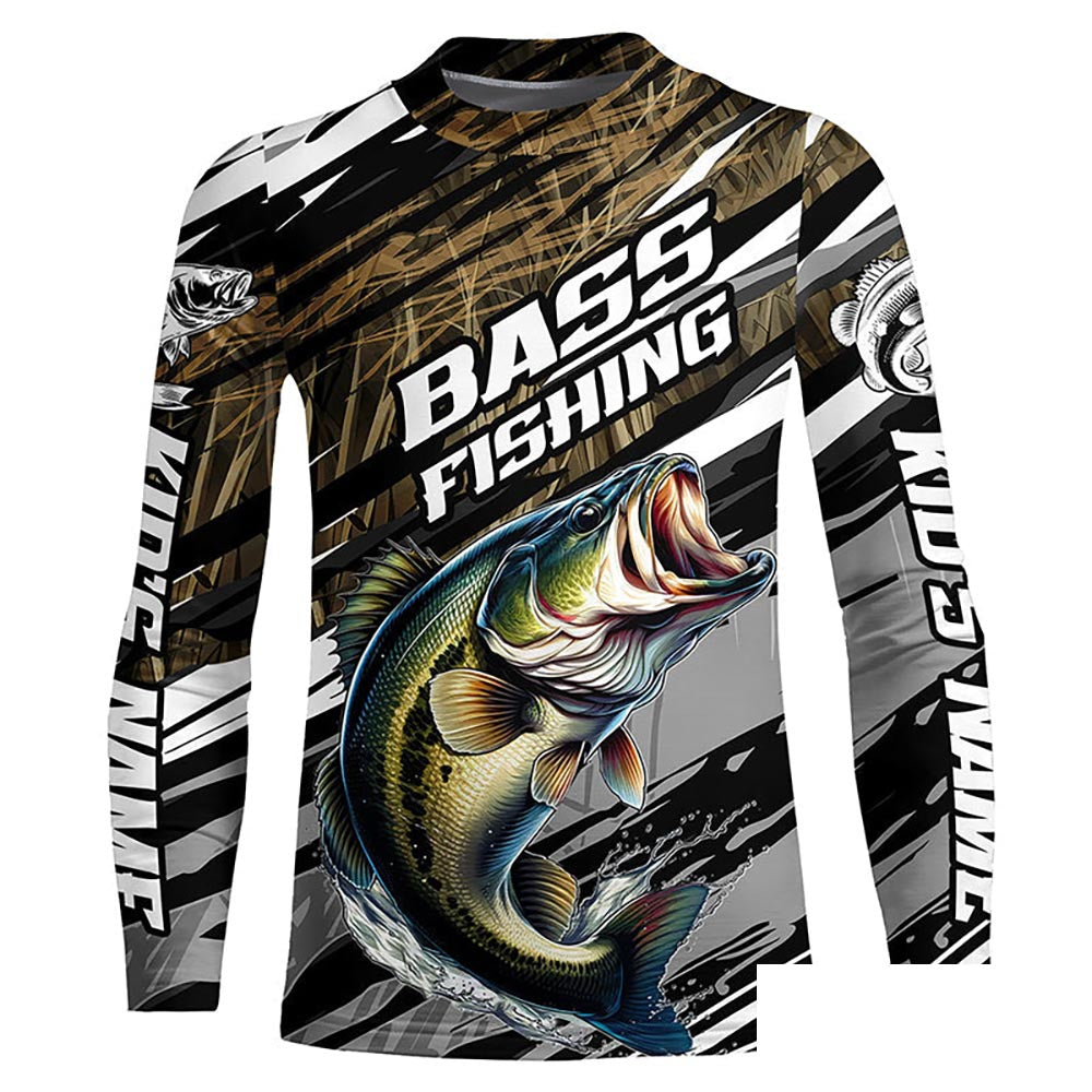 Bass Fishing Camo Long Sleeve Fishing Shirts, Custom Largemouth Bass Tournament Fishing Jerseys IPHW5948
