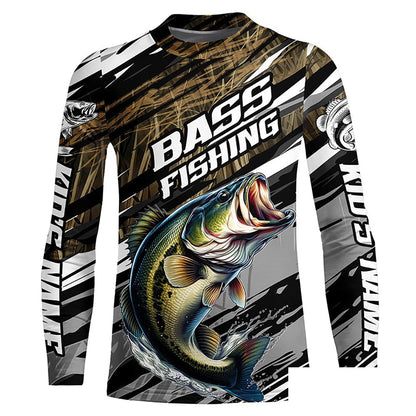 Bass Fishing Camo Long Sleeve Fishing Shirts, Custom Largemouth Bass Tournament Fishing Jerseys IPHW5948