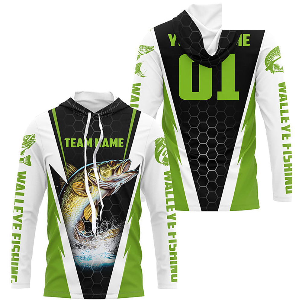 Walleye Fishing Long Sleeve Tournament Shirts For Fishing Team With Custom Name And Number | Green IPHW6236