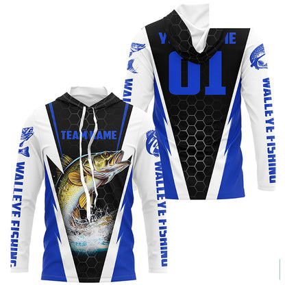 Walleye Fishing Long Sleeve Tournament Shirts For Fishing Team With Custom Name And Number | Blue IPHW6237