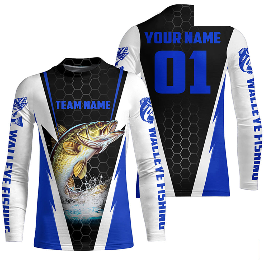 Walleye Fishing Long Sleeve Tournament Shirts For Fishing Team With Custom Name And Number | Blue IPHW6237