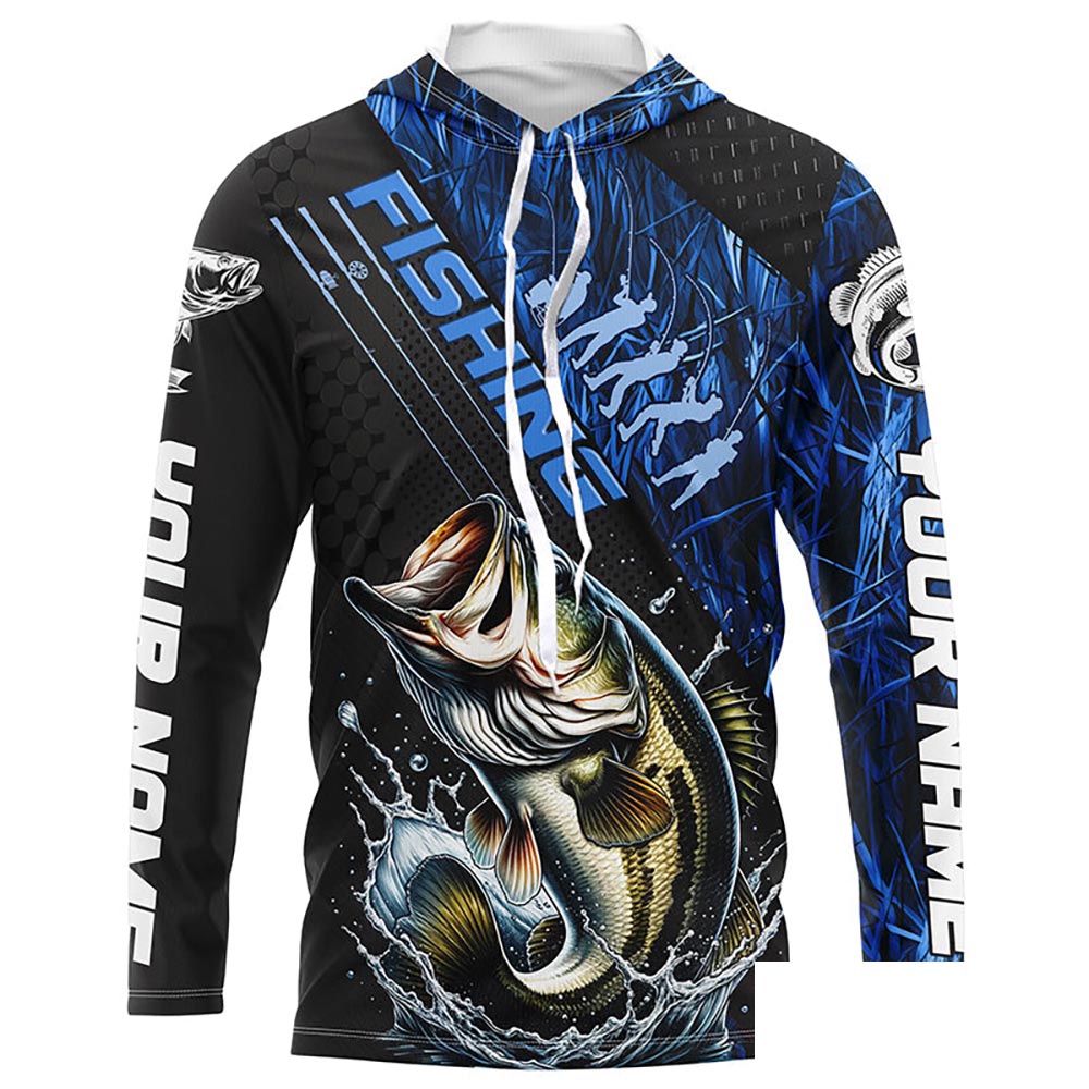Custom Bass Fishing Long Sleeve Tournament Shirts, Bass Fisherman Jerseys | Blue Camo IPHW6248