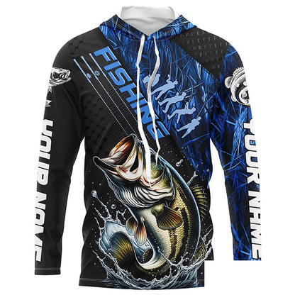 Custom Bass Fishing Long Sleeve Tournament Shirts, Bass Fisherman Jerseys | Blue Camo IPHW6248
