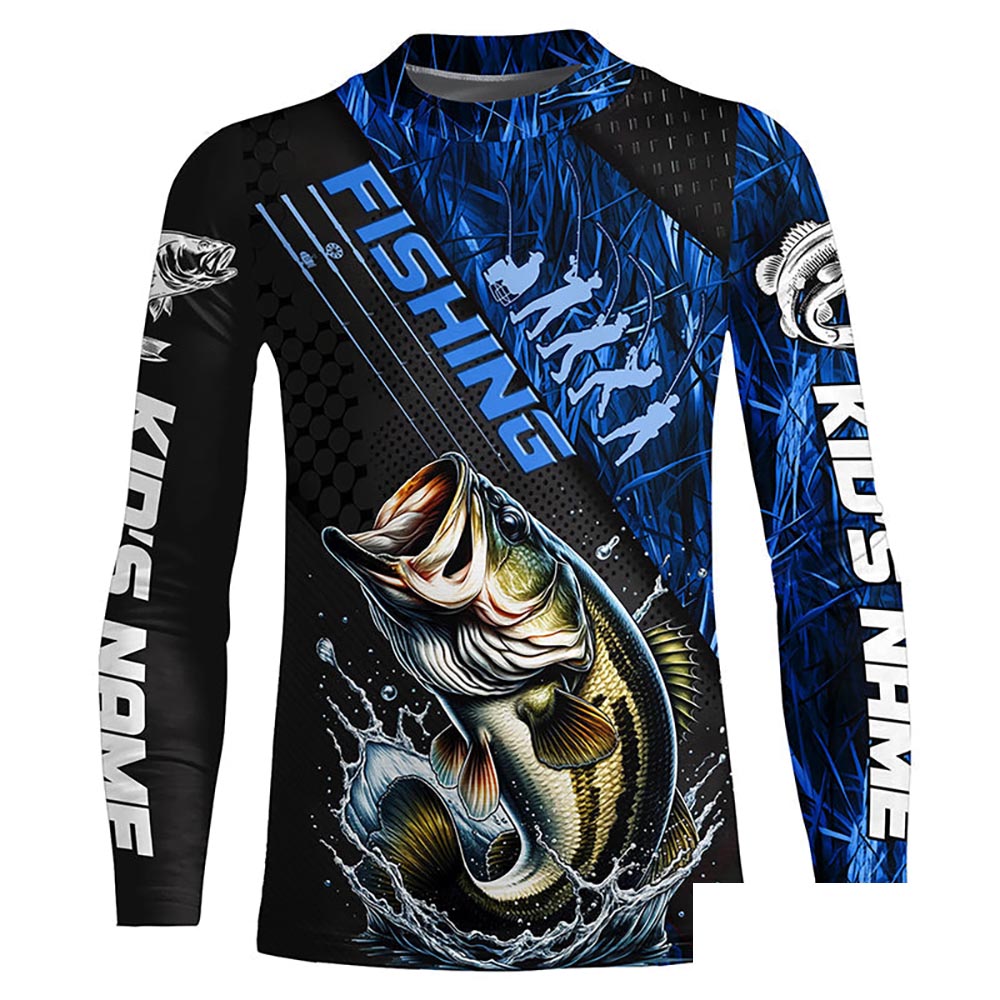 Custom Bass Fishing Long Sleeve Tournament Shirts, Bass Fisherman Jerseys | Blue Camo IPHW6248