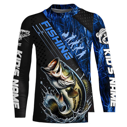 Custom Bass Fishing Long Sleeve Tournament Shirts, Bass Fisherman Jerseys | Blue Camo IPHW6248