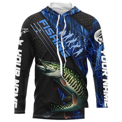 Custom Musky Fishing Long Sleeve Tournament Shirts, Musky Fisherman Jerseys | Blue Camo IPHW6249