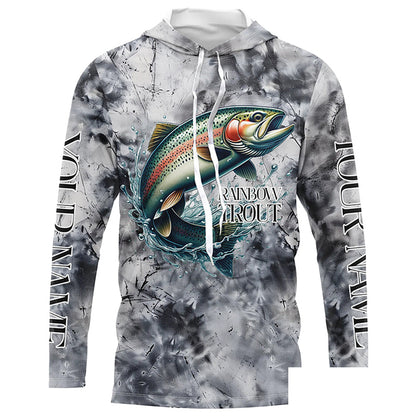 Gray Tie Dye Camo Custom Rainbow Trout Fly Fishing Shirts, Trout Long Sleeve Fishing Shirt IPHW7057