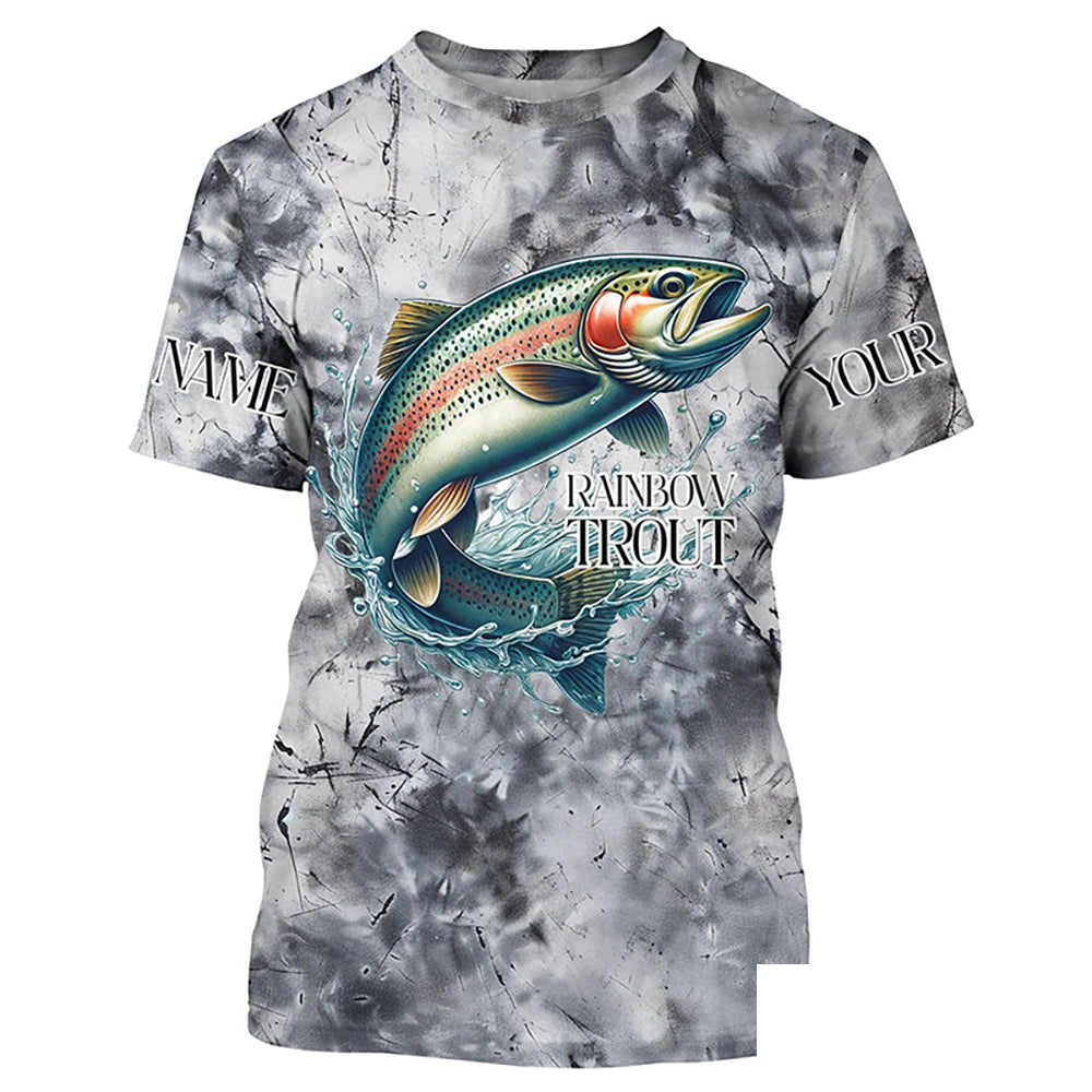 Gray Tie Dye Camo Custom Rainbow Trout Fly Fishing Shirts, Trout Long Sleeve Fishing Shirt IPHW7057