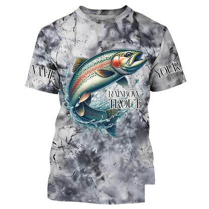 Gray Tie Dye Camo Custom Rainbow Trout Fly Fishing Shirts, Trout Long Sleeve Fishing Shirt IPHW7057