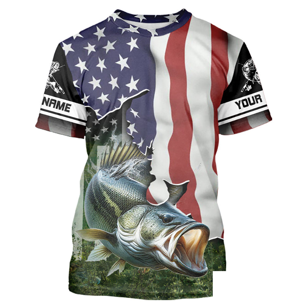 Personalized American Flag Bass Fishing Shirts, Patriotic Bass Tournament Fishing Shirts IPHW5699