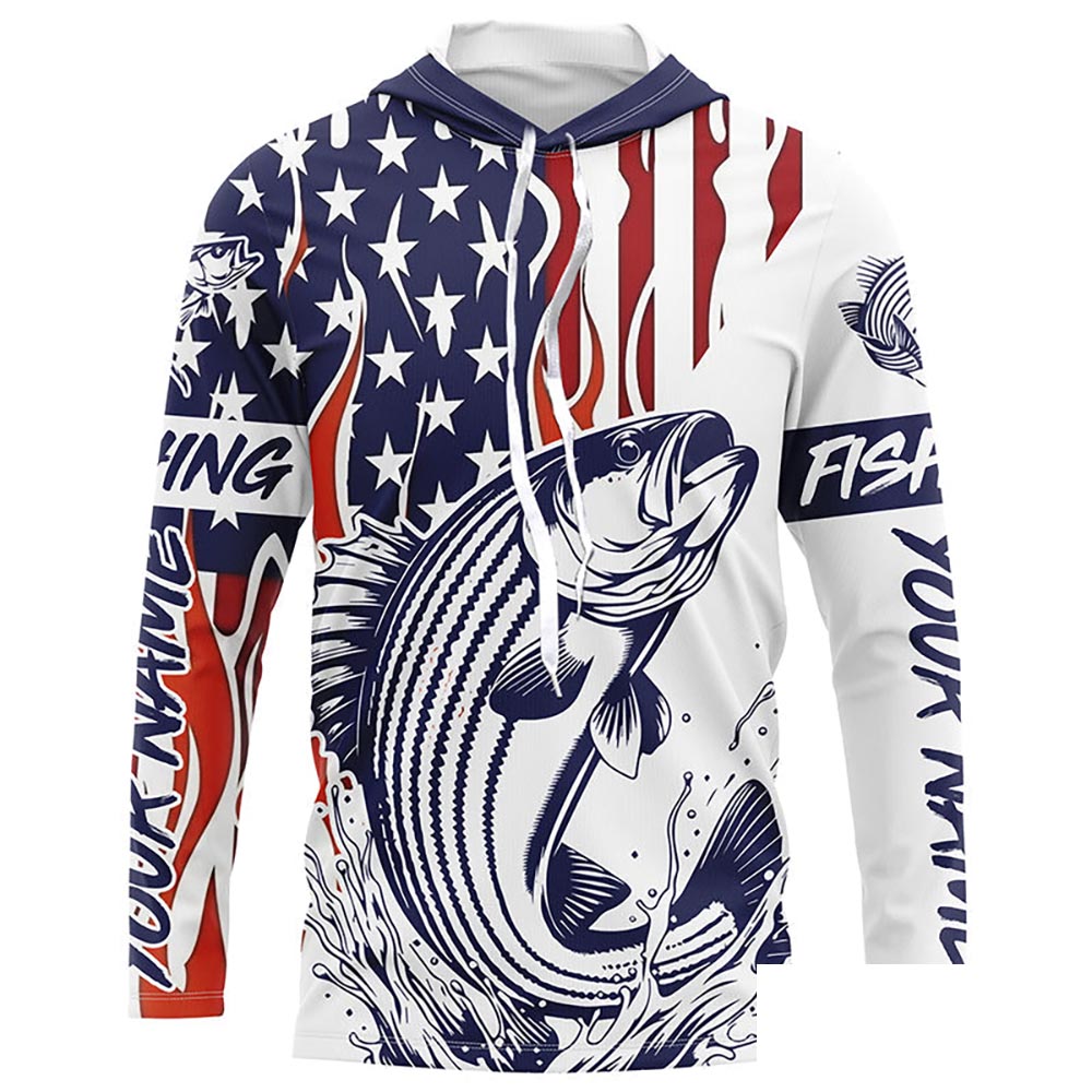 Flame American Flag Custom Striped Bass Long Sleeve Fishing Shirts, Patriotic Striper Fishing Jersey IPHW5955