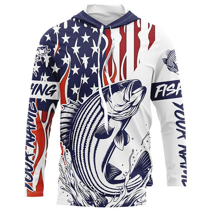 Flame American Flag Custom Striped Bass Long Sleeve Fishing Shirts, Patriotic Striper Fishing Jersey IPHW5955