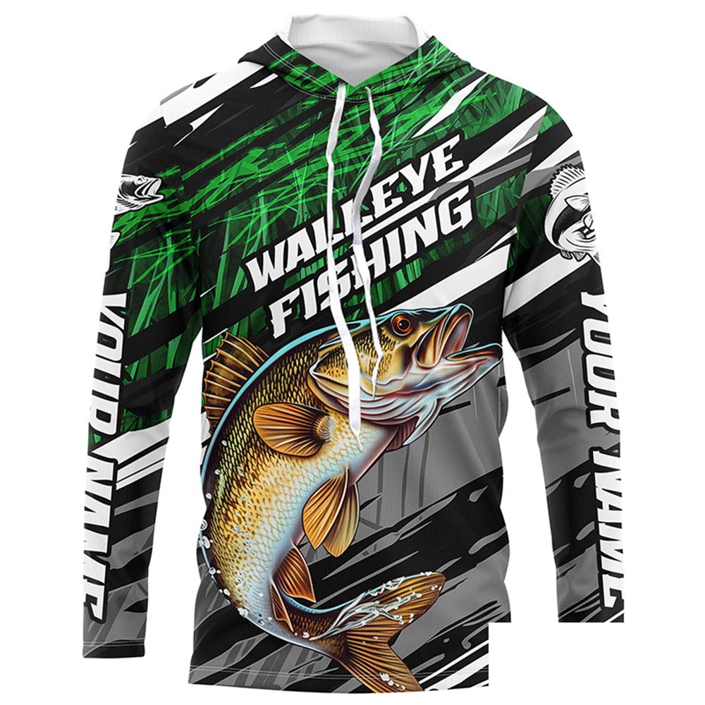 Walleye Fishing Camo Long Sleeve Fishing Shirts, Custom Walleye Tournament Fishing Jerseys | Green IPHW5956