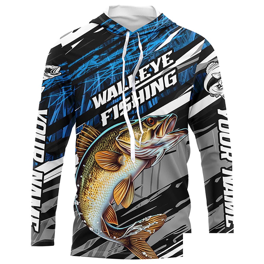 Walleye Fishing Camo Long Sleeve Fishing Shirts, Custom Walleye Tournament Fishing Jerseys | Blue IPHW5957
