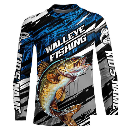 Walleye Fishing Camo Long Sleeve Fishing Shirts, Custom Walleye Tournament Fishing Jerseys | Blue IPHW5957