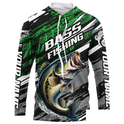 Bass Fishing Camo Long Sleeve Fishing Shirts, Custom Bass Tournament Fishing Jerseys | Green IPHW5958