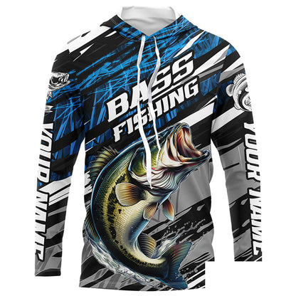 Bass Fishing Camo Long Sleeve Fishing Shirts, Custom Bass Tournament Fishing Jerseys | Blue IPHW5959