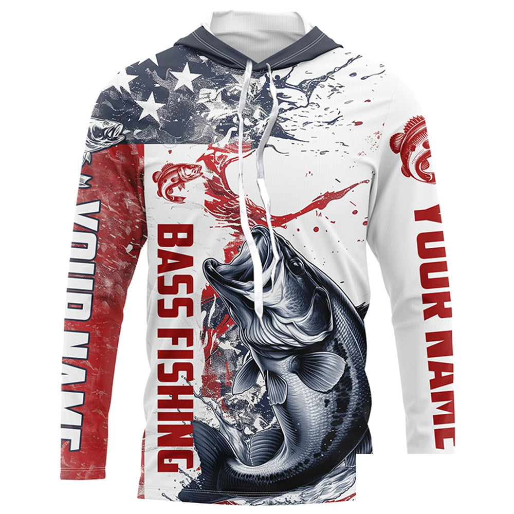 Personalized American Flag Bass Fishing Shirts, Bass Long Sleeve Tournament Fishing Jerseys IPHW6004