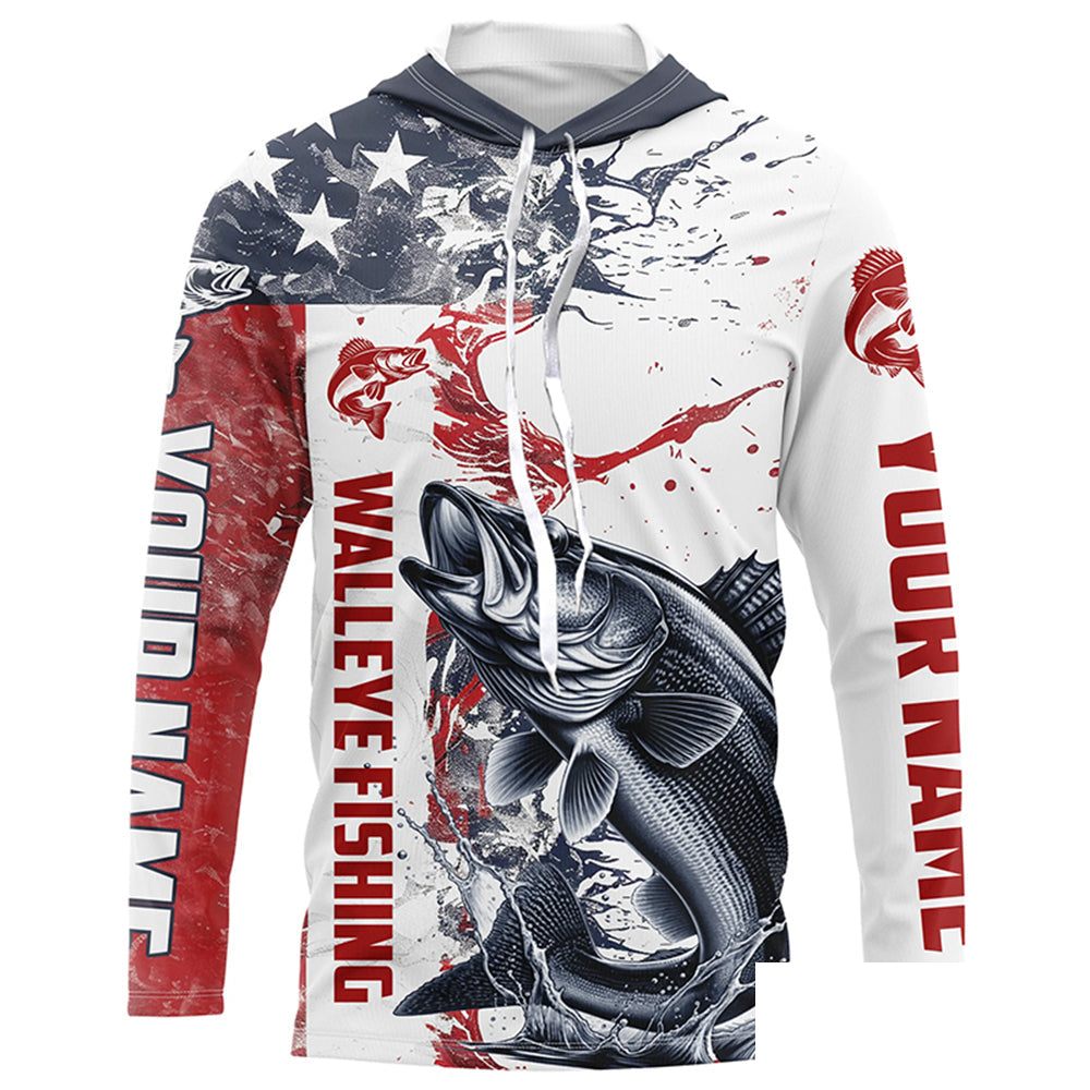 Personalized American Flag Walleye Fishing Shirts, Walleye Long Sleeve Tournament Fishing Jerseys IPHW6005