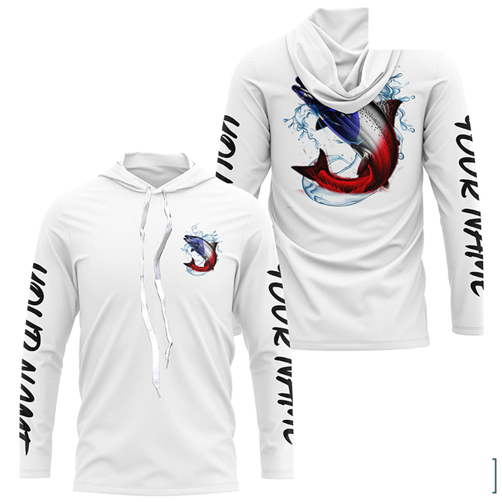 Personalized American Flag Chinook Salmon Fishing Shirts, Patriotic Salmon Long Sleeve Fishing Shirt IPHW6273