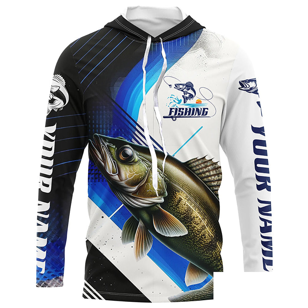 Custom Walleye Fishing Jerseys, Walleye Long Sleeve Tournament Fishing Shirts | Blue IPHW6284