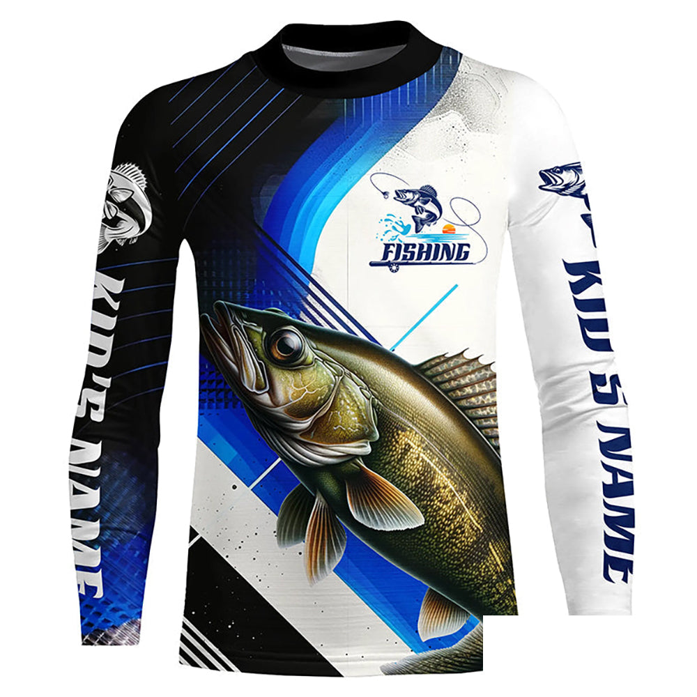 Custom Walleye Fishing Jerseys, Walleye Long Sleeve Tournament Fishing Shirts | Blue IPHW6284