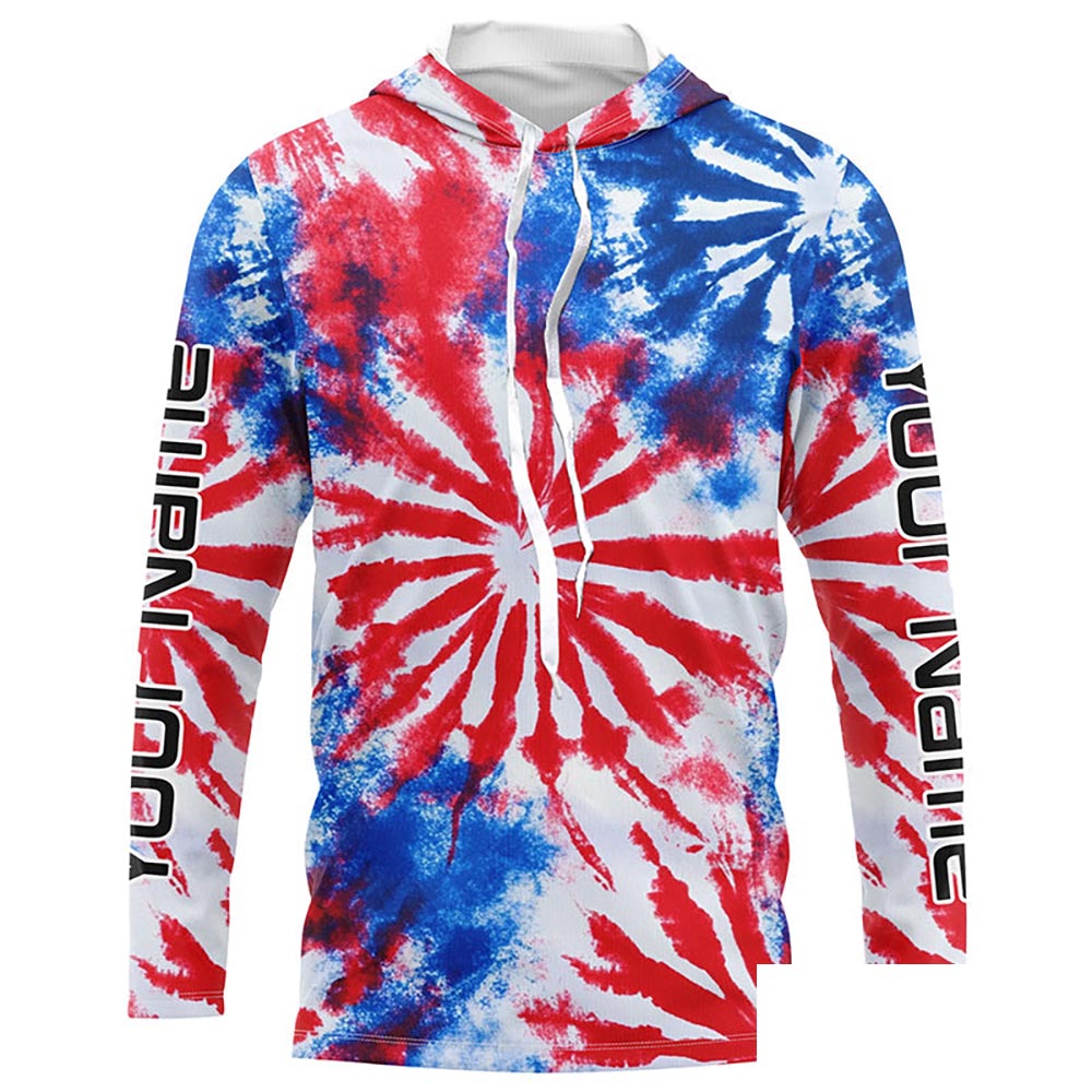 Red, White And Blue Tie Dye Custom Patriotic Long Sleeve Fishing Shirts, Performance Fishing Shirts IPHW7342