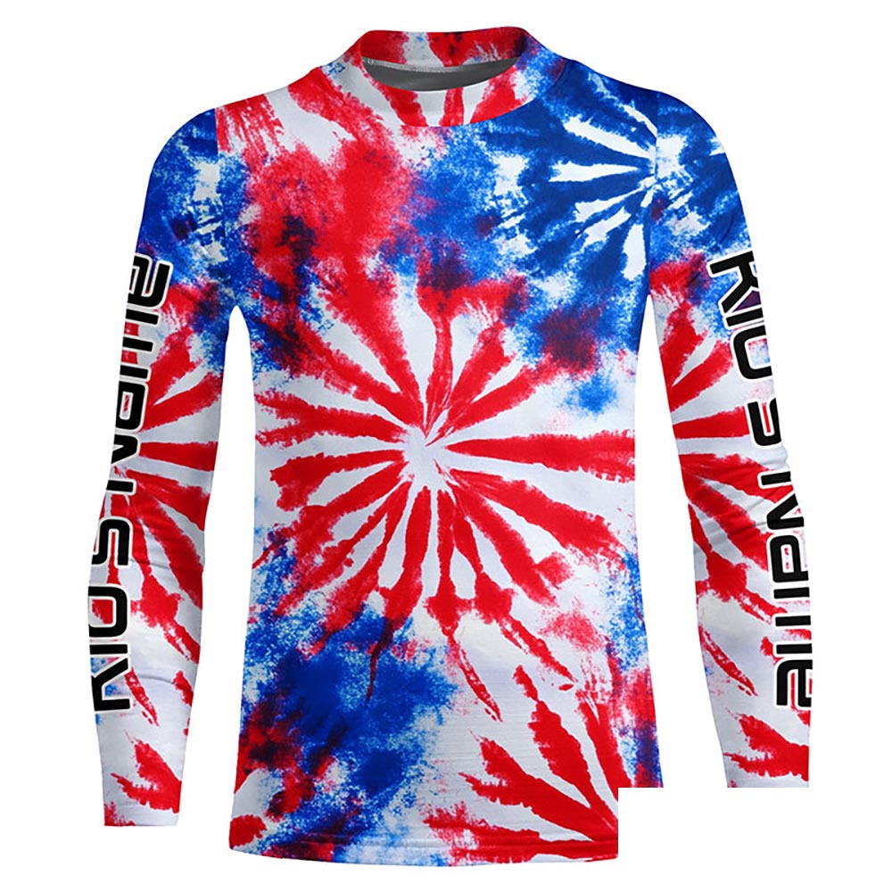 Red, White And Blue Tie Dye Custom Patriotic Long Sleeve Fishing Shirts, Performance Fishing Shirts IPHW7342