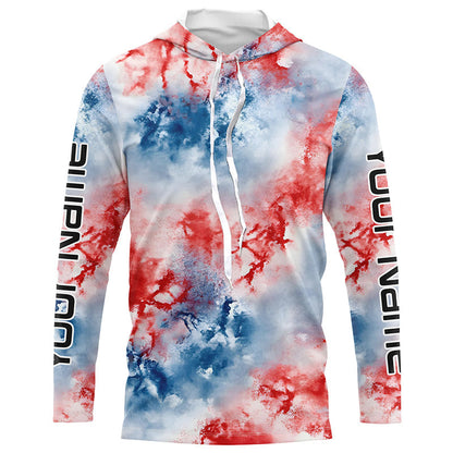 Red, White And Blue Tie Dye Custom Patriotic Long Sleeve Fishing Shirts, Performance Fishing Shirts IPHW7345