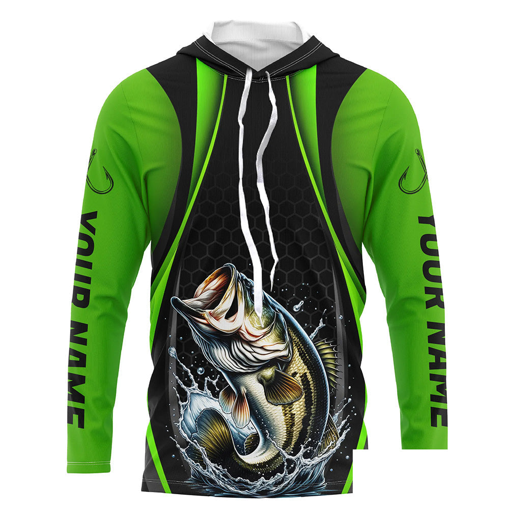 Custom Largemouth Bass Fishing Tournament Long Sleeve Fishing Shirts, Bass Fishing Jerseys | Green IPHW7368