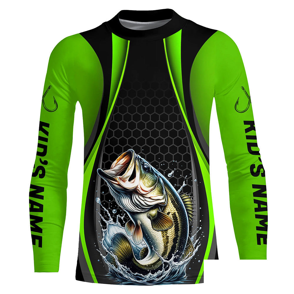 Custom Largemouth Bass Fishing Tournament Long Sleeve Fishing Shirts, Bass Fishing Jerseys | Green IPHW7368