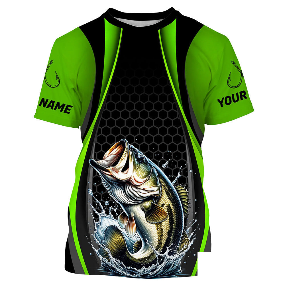 Custom Largemouth Bass Fishing Tournament Long Sleeve Fishing Shirts, Bass Fishing Jerseys | Green IPHW7368