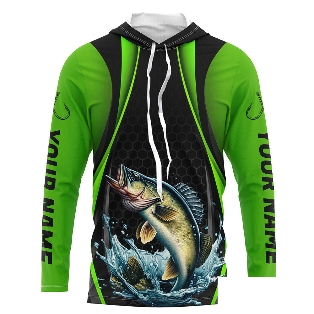 Custom Walleye Fishing Tournament Long Sleeve Fishing Shirts, Walleye Fishing Jerseys | Green IPHW7369