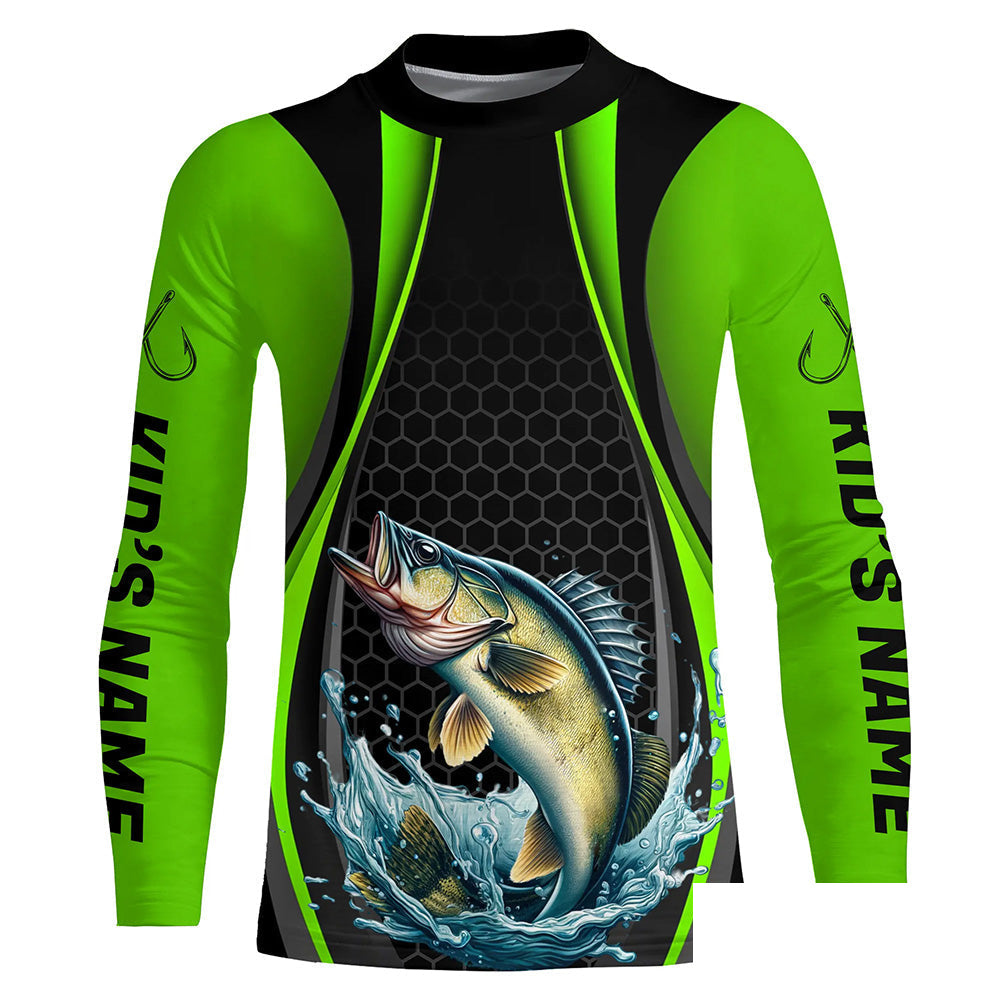 Custom Walleye Fishing Tournament Long Sleeve Fishing Shirts, Walleye Fishing Jerseys | Green IPHW7369
