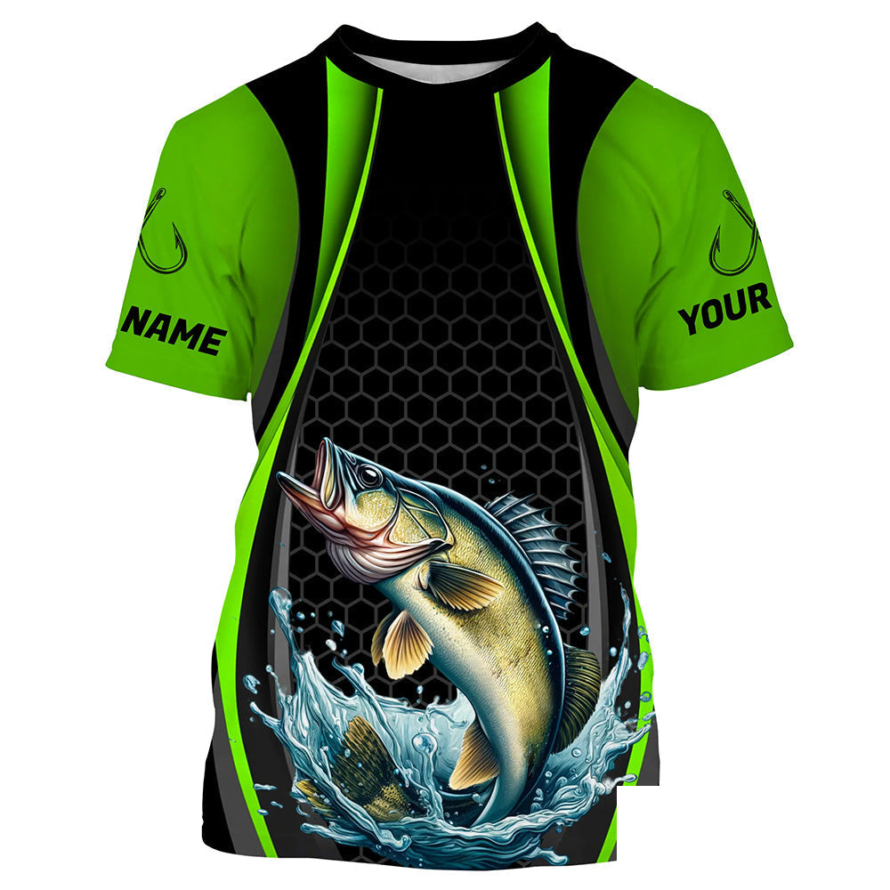 Custom Walleye Fishing Tournament Long Sleeve Fishing Shirts, Walleye Fishing Jerseys | Green IPHW7369