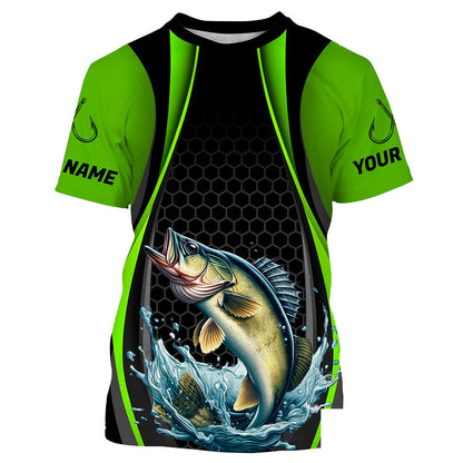 Custom Walleye Fishing Tournament Long Sleeve Fishing Shirts, Walleye Fishing Jerseys | Green IPHW7369