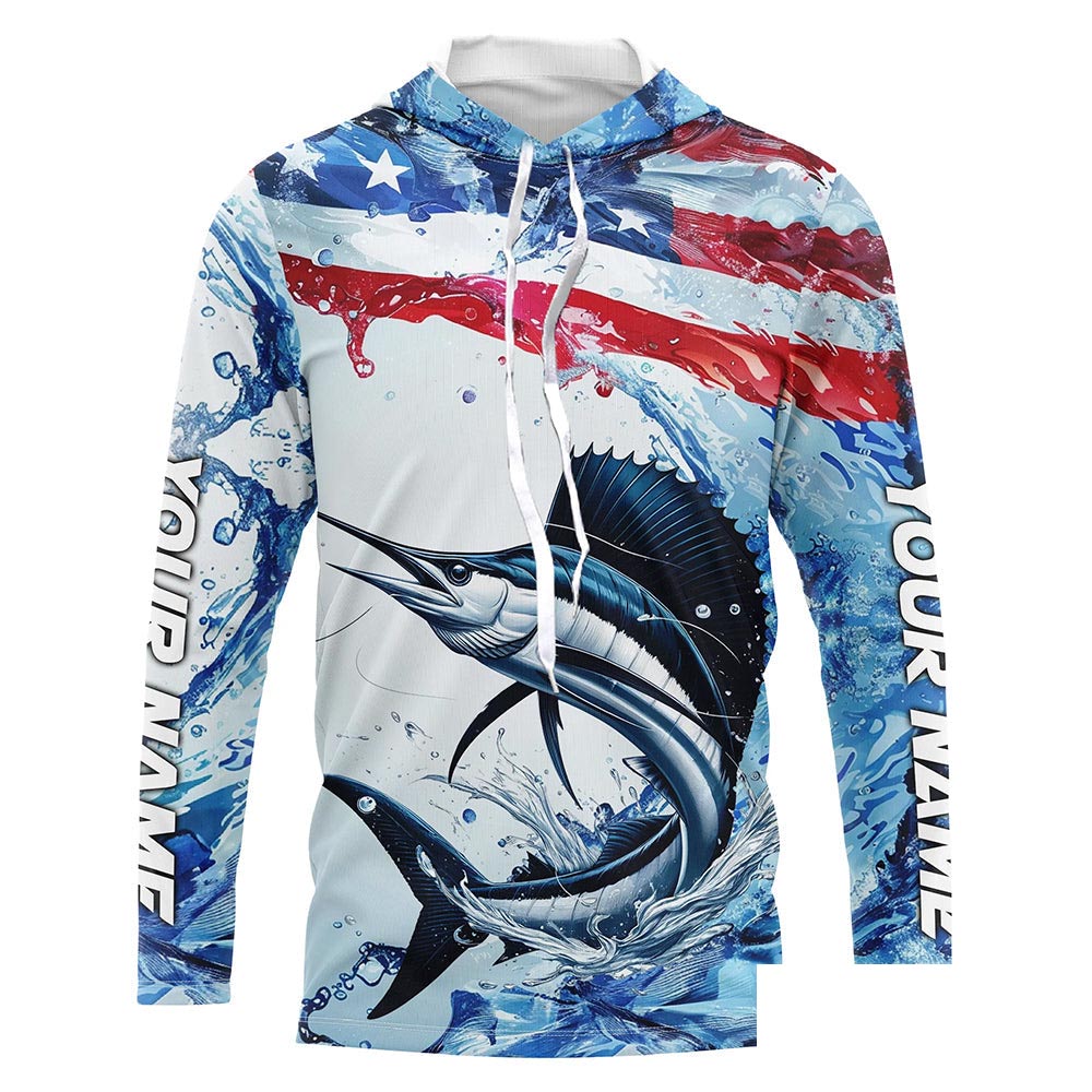 Personalized American Flag Sailfish Fishing Shirts, Patriotic Sailfish Long Sleeve Fishing Shirt IPHW6322