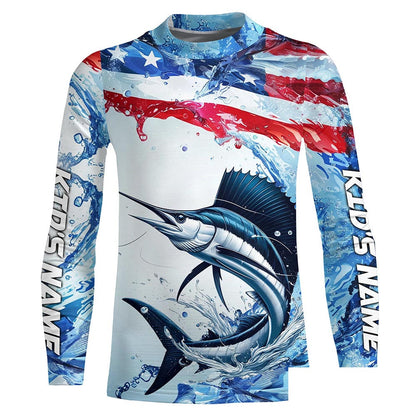 Personalized American Flag Sailfish Fishing Shirts, Patriotic Sailfish Long Sleeve Fishing Shirt IPHW6322