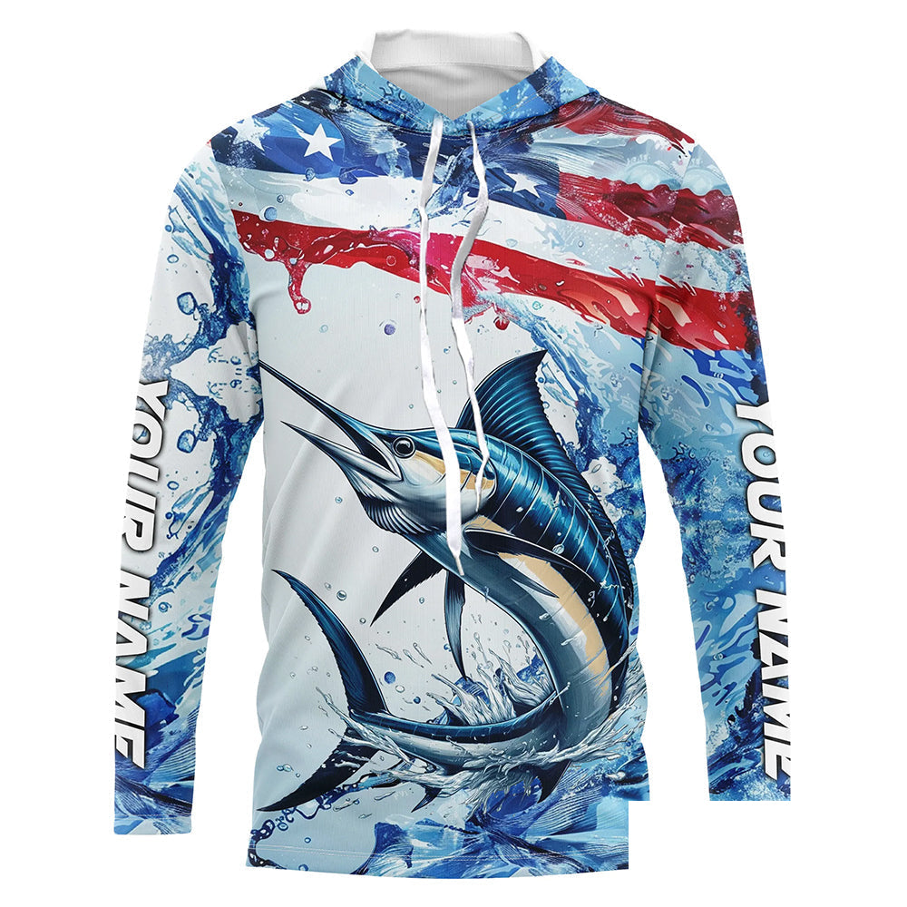 Personalized American Flag Marlin Fishing Shirts, Patriotic Marlin Long Sleeve Fishing Shirt IPHW6323
