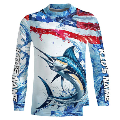 Personalized American Flag Marlin Fishing Shirts, Patriotic Marlin Long Sleeve Fishing Shirt IPHW6323