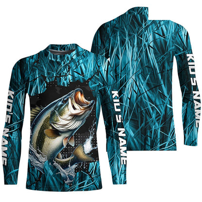Largemouth Bass Fishing Custom Long Sleeve Tournament Shirts, Bass Fishing Jerseys | Blue Camo IPHW6358