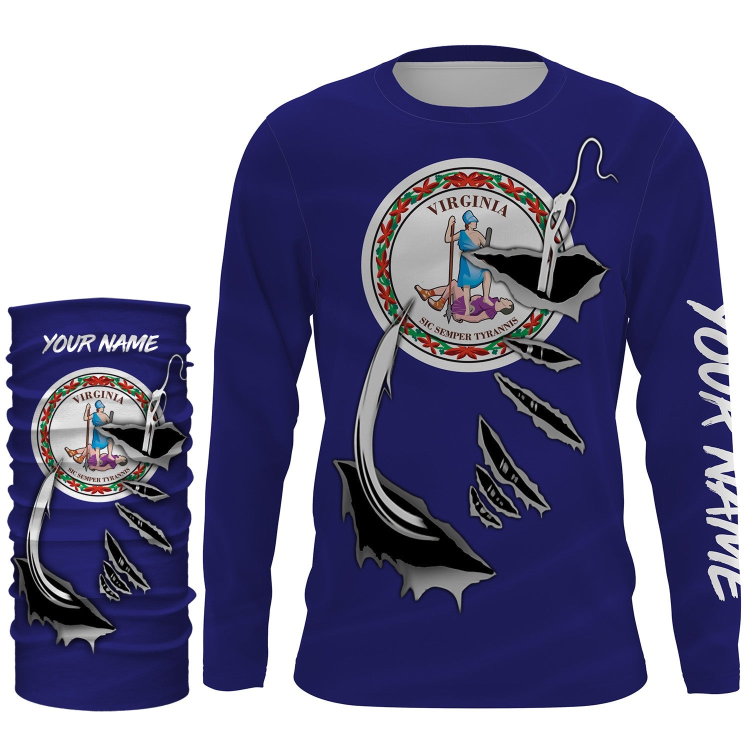 VA Virginia Flag Fishing 3D Fish Hook UV protection quick dry customize name long sleeves shirts personalized Patriotic fishing apparel gift for Fishing lovers IPH1910