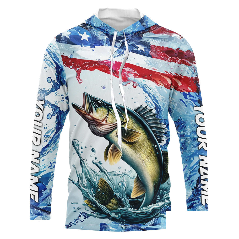 Personalized Patriotic Walleye Long Sleeve Fishing Shirts, American Flag Fishing Shirts IPHW7186